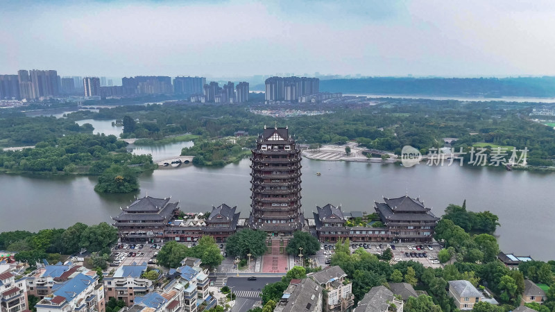 四川眉山东坡湿地公园远景楼航拍图