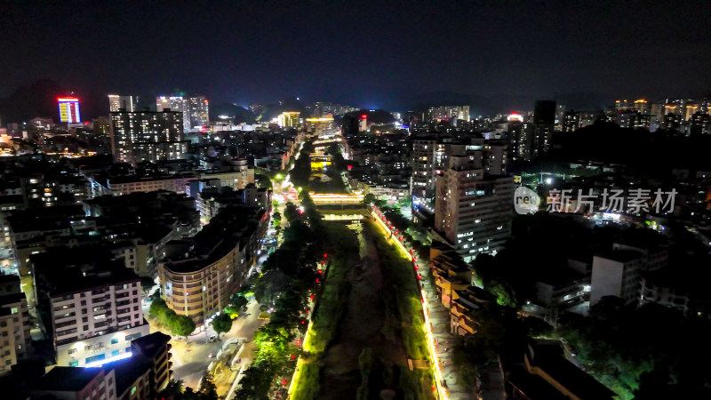 广东云浮南山河两岸夜景灯光航拍