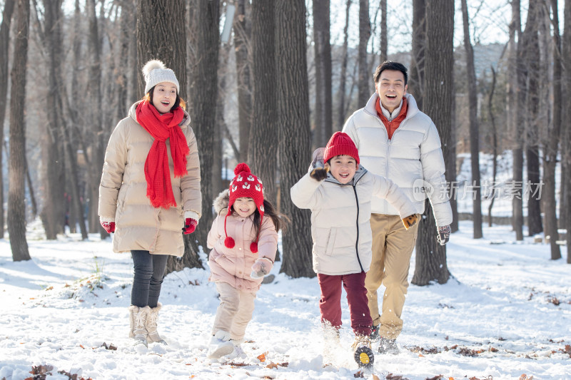 欢乐家庭在雪地里奔跑