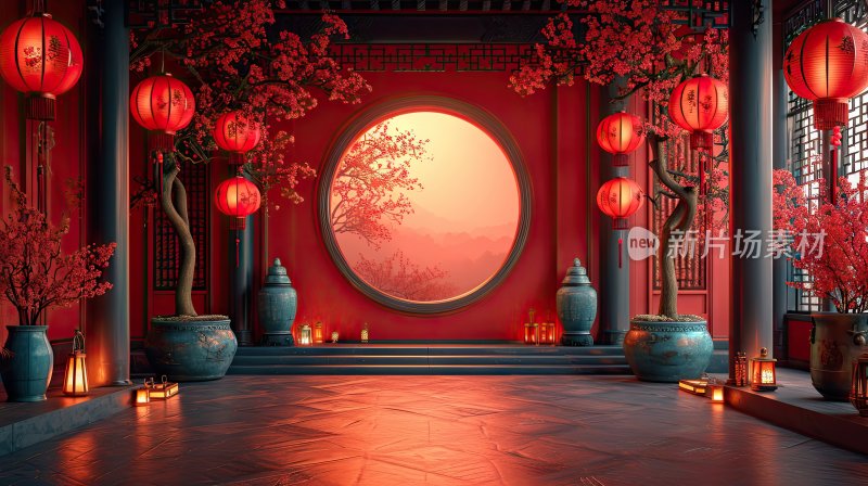 中式场景，新春氛围电商装饰背景