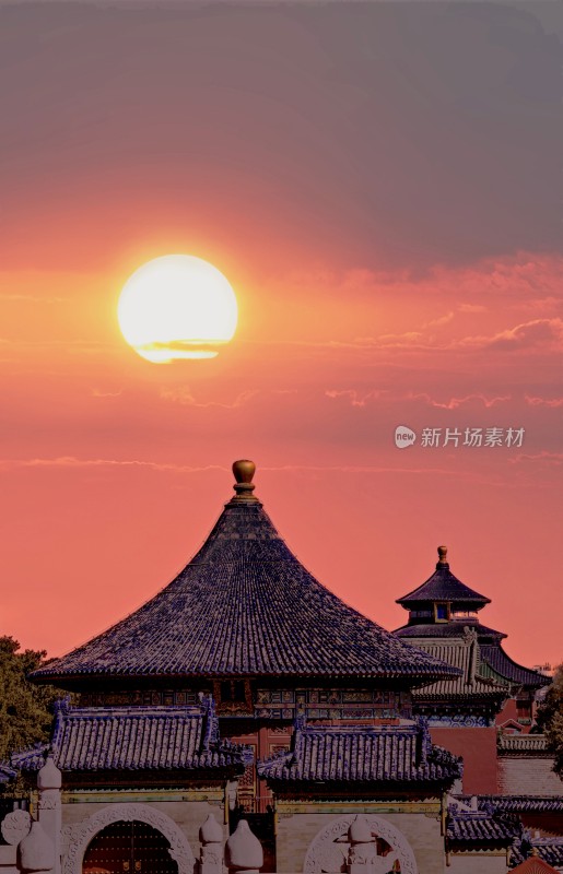 北京天坛祈年殿古建筑日落美景