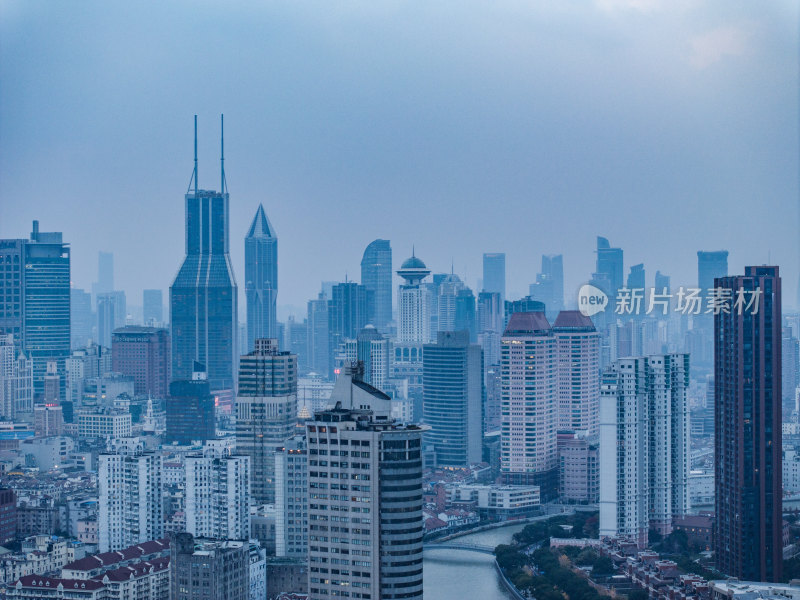 航拍上海南京西路浦西高楼群全景