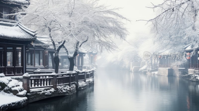 江南雪景，冬季里的江南小镇水墨画