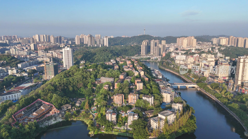 航拍四川自贡城市建设釜溪河风光摄影图