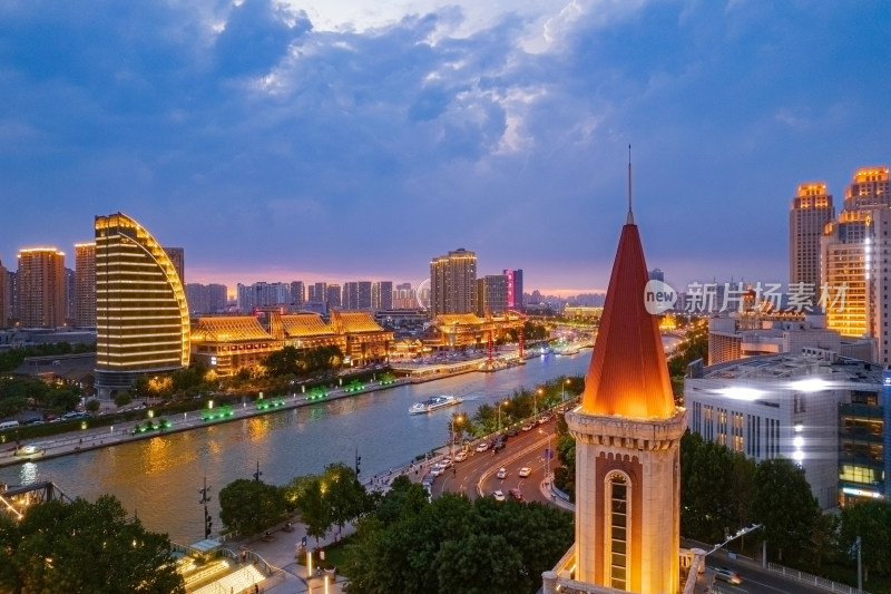 天津海河古文化街码头城市夜景风光航拍