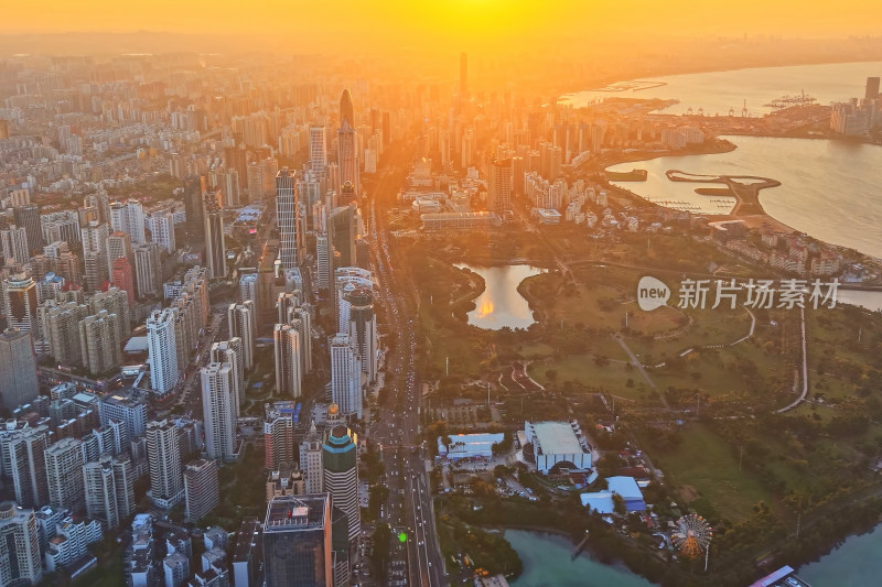 海南海口城市风光日落自贸港经济建设航拍