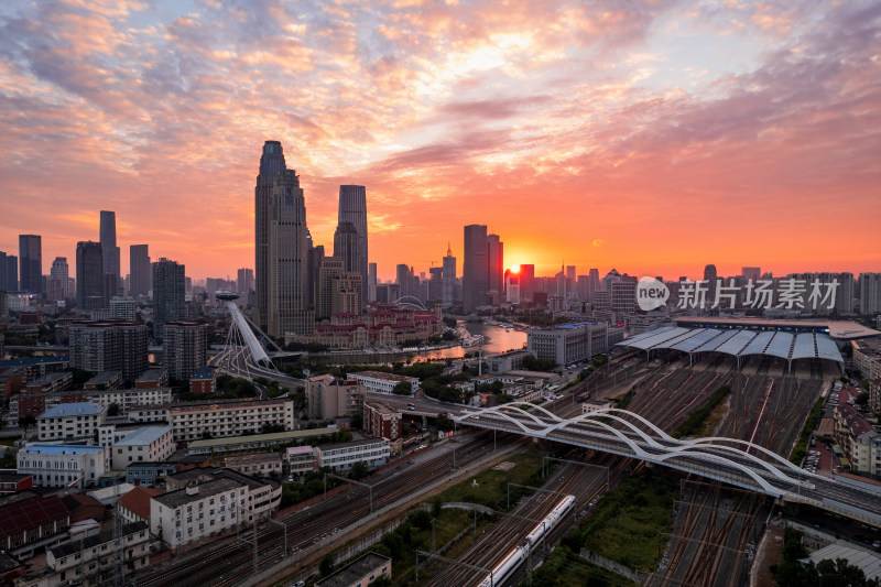 天津站海河津湾广场城市建筑日落晚霞航拍