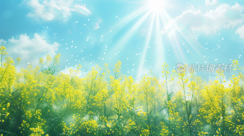 春季蓝天白云下的黄色油菜花