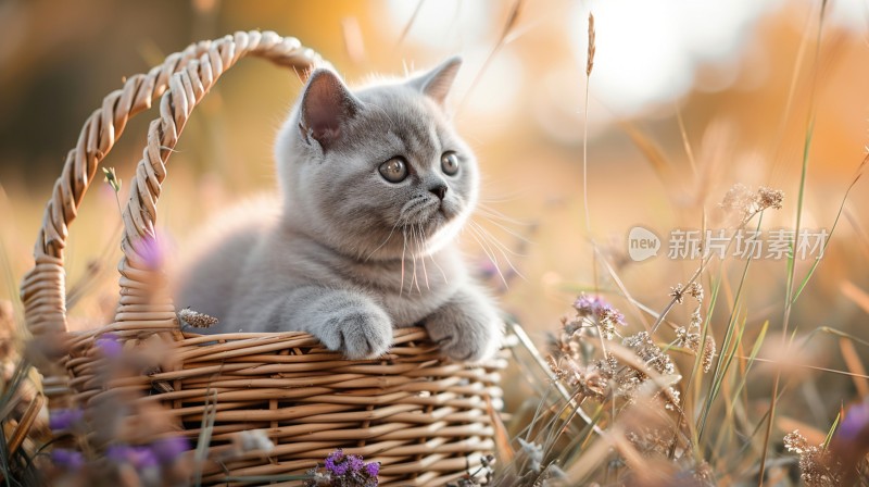 花园篮子里的可爱小猫
