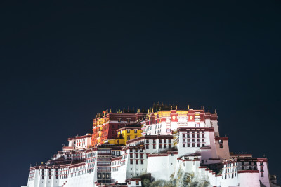 中国西藏拉萨布达拉宫夜景城市建筑风光