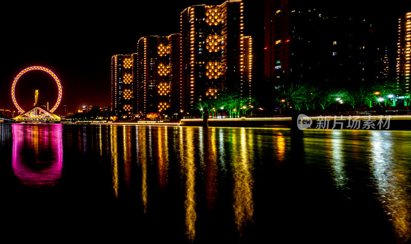 天津海河风情天津之眼摩天轮城市夜景风光