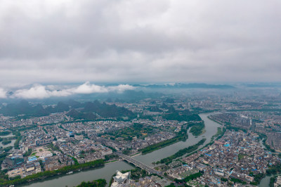 桂林城市乌云密布暴雨来临航拍