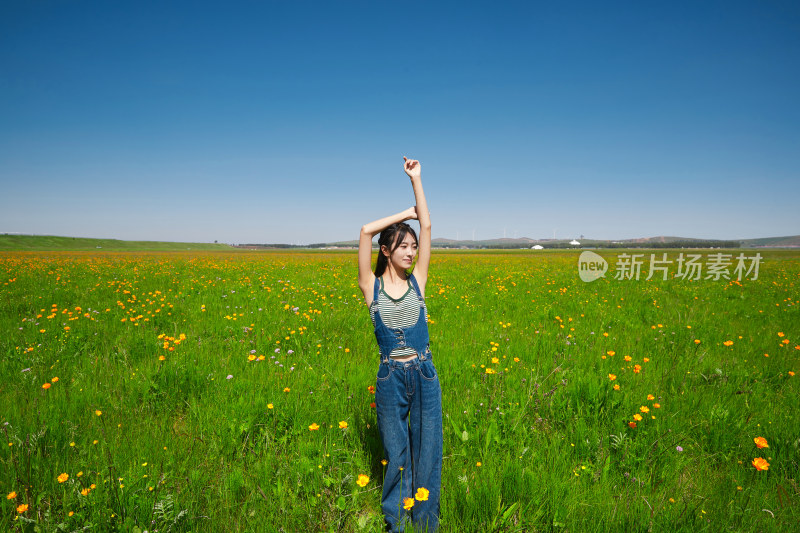 盛夏在草原湿地公园游玩的姑娘