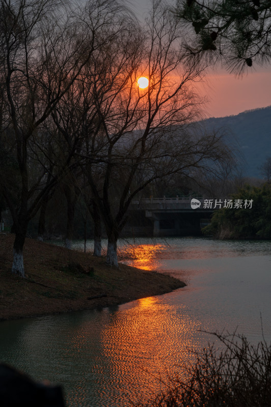 夕阳下河畔石桥与建筑景观