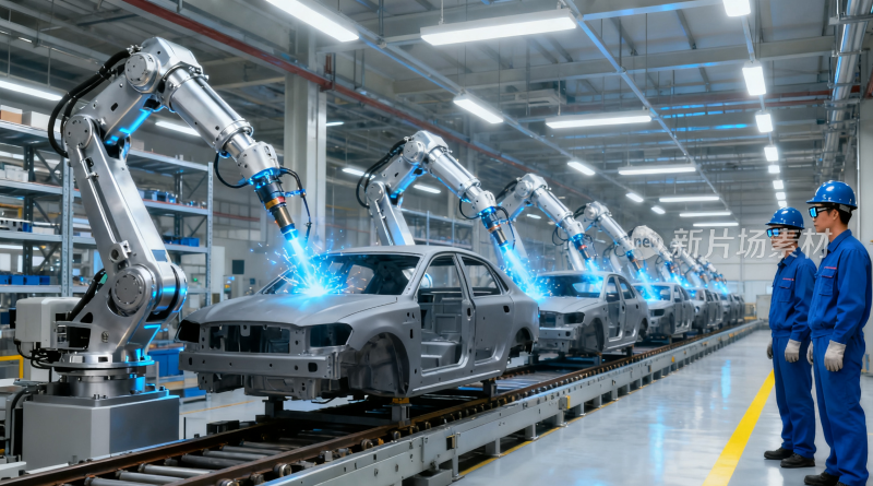 汽车工厂工人监控机器人作业