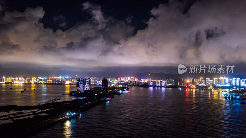 海南三亚城市天际线夜景航拍