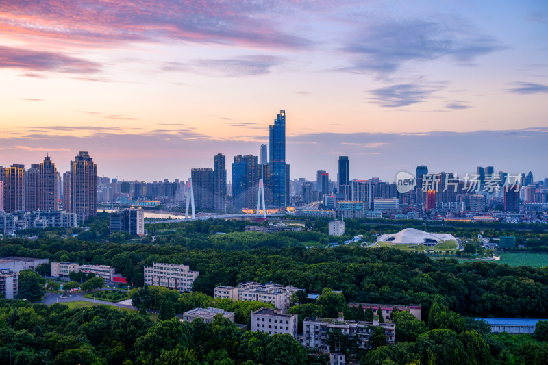 夏季武汉琴台大剧院月湖城市天际线夜景风光