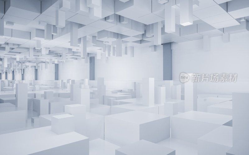 白色方块几何体隧道3D渲染