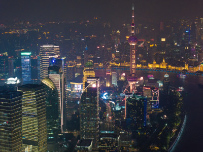 航拍上海陆家嘴高金融中心密集高楼群夜景