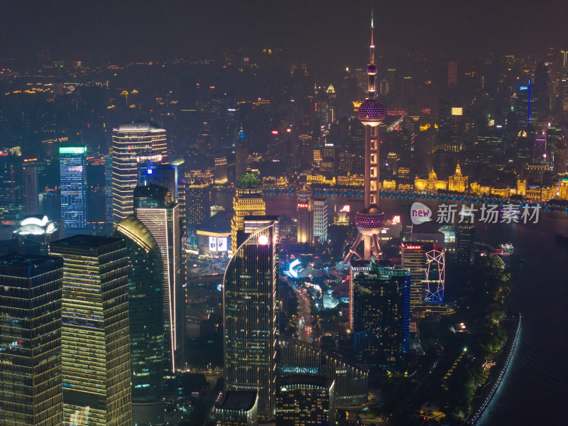 航拍上海陆家嘴高金融中心密集高楼群夜景