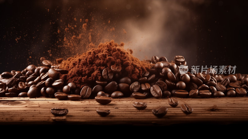 咖啡豆和咖啡粉在木质台面上的静谧时刻