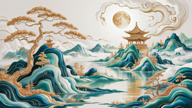 水墨风山水楼阁意境