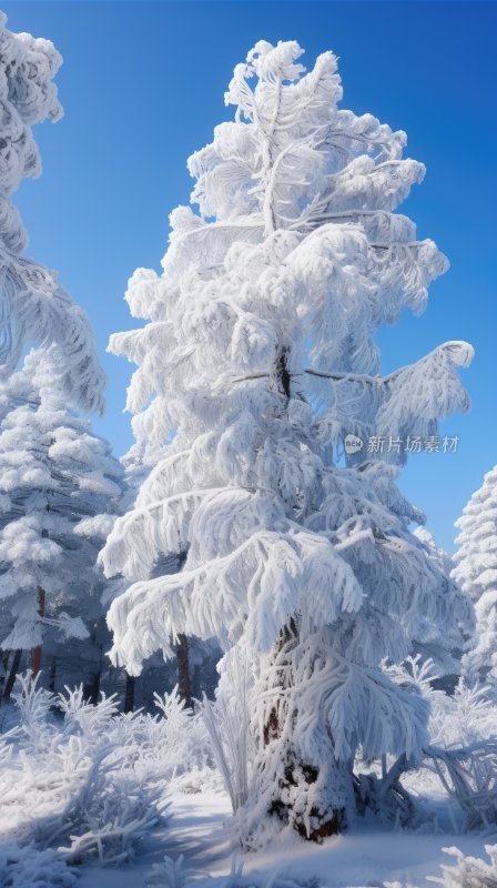 冬季雪山林中被冰雪覆盖着的树