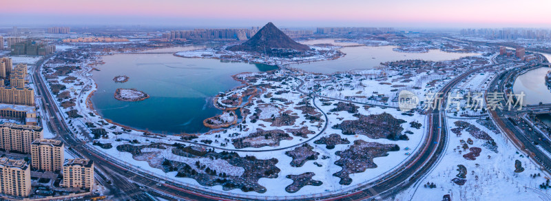 山东济南华山湖全景雪天航拍