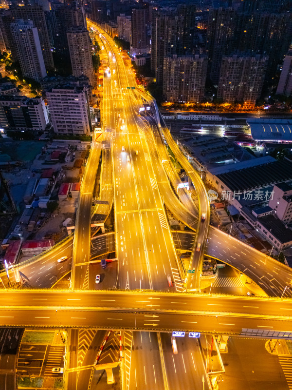 航拍俯瞰上海外滩立交桥夜景