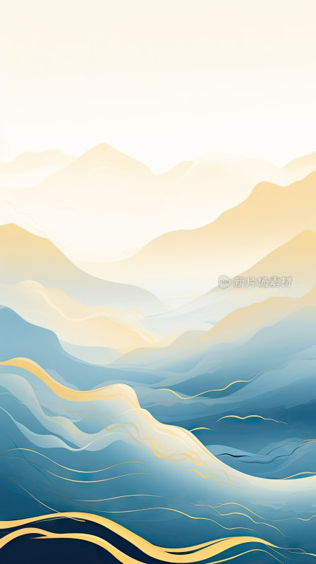 新中式山水画，蓝金色渐变抽象背景