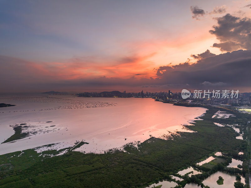 广东大湾区深圳前海湾涂滩日落城市夜景航拍