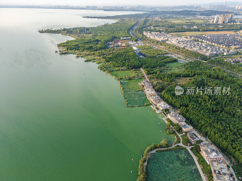 航拍滇池湖畔城市风光