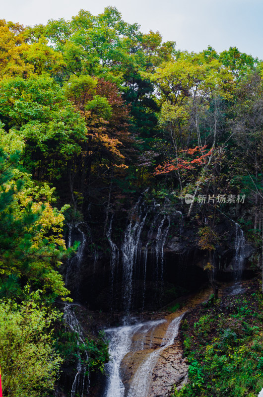 河南洛阳市白云山景区的秋季的树林和瀑布