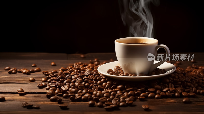 木质桌面咖啡热气腾腾周围散落咖啡豆