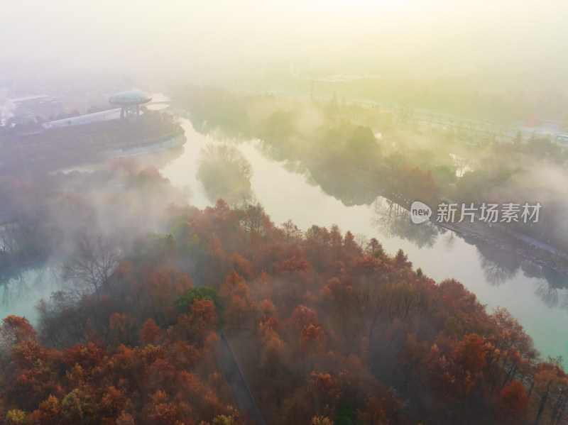 航拍下的西溪湿地晨雾及秋色风光