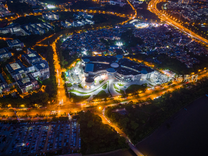 广州大学城生物岛日落夜景航拍