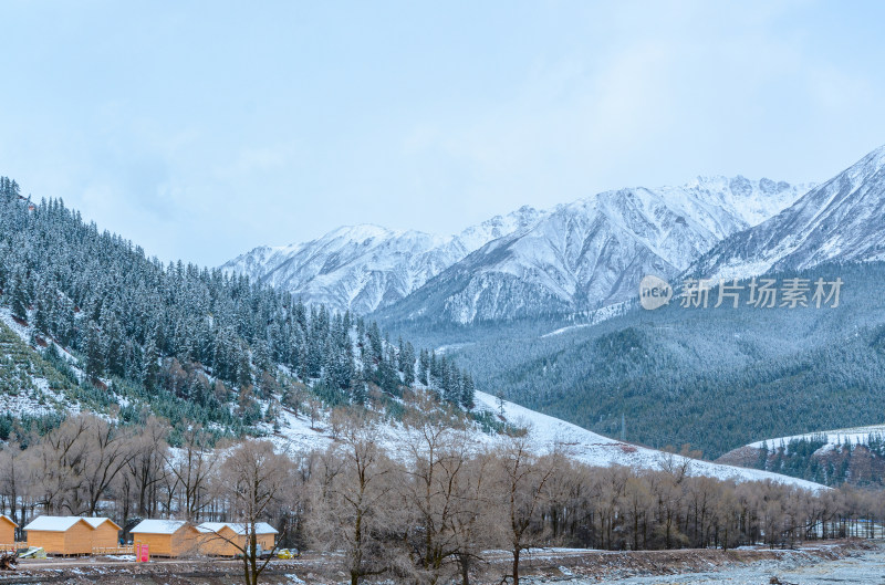 青海海北藏族自治州祁连卓尔山森林雪景木屋