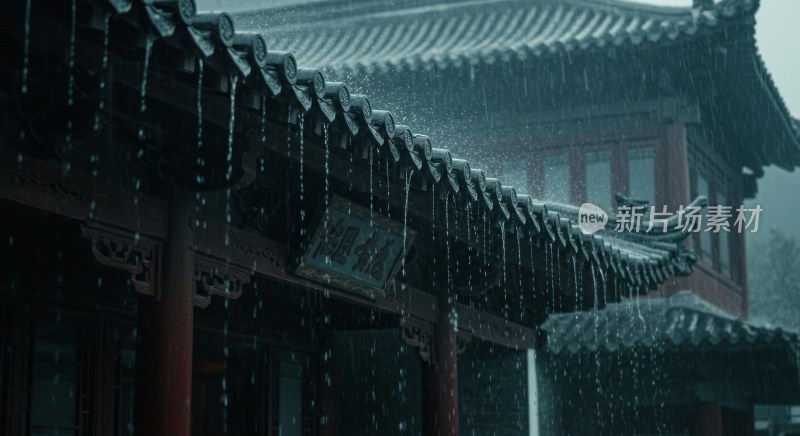 雨中传统古建筑屋顶景象