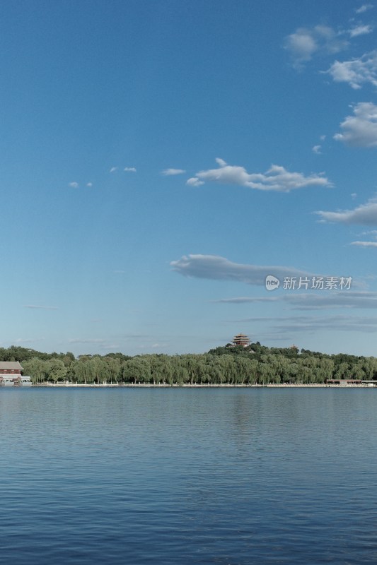 湖边绿树蓝天风景