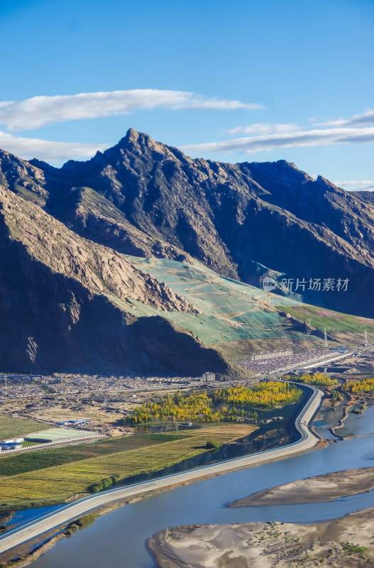 空中飞机俯拍西藏山脉山河自然风景