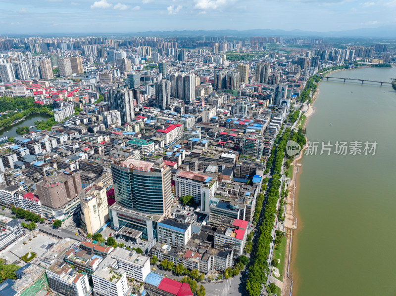 蓝天白云下 航拍湖南衡阳 湘江滨水城市建筑