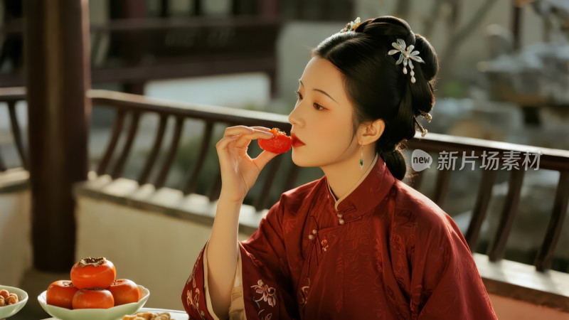 秋冬古风女子食柿子唯美生活方式