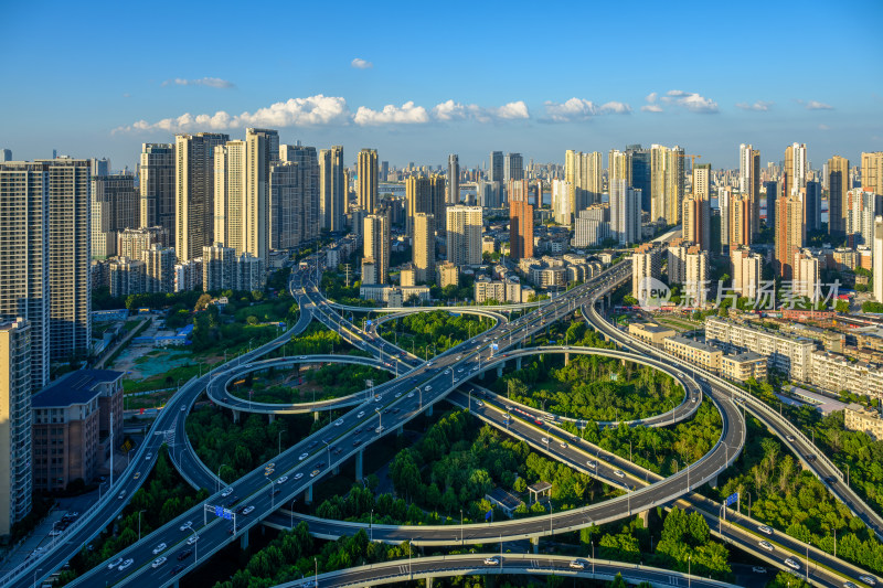 武汉夏季白天马鹦路立交桥天际线城市风光