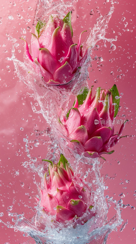 三颗火龙果入水溅起水花