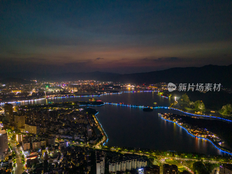 广东肇庆星湖夜景灯光航拍图