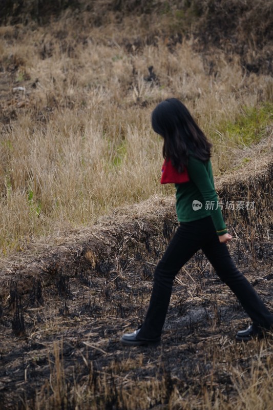 女子携红围巾漫步于枯黄草地间