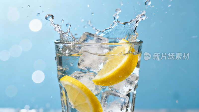 柠檬冰块入水溅起水花画面