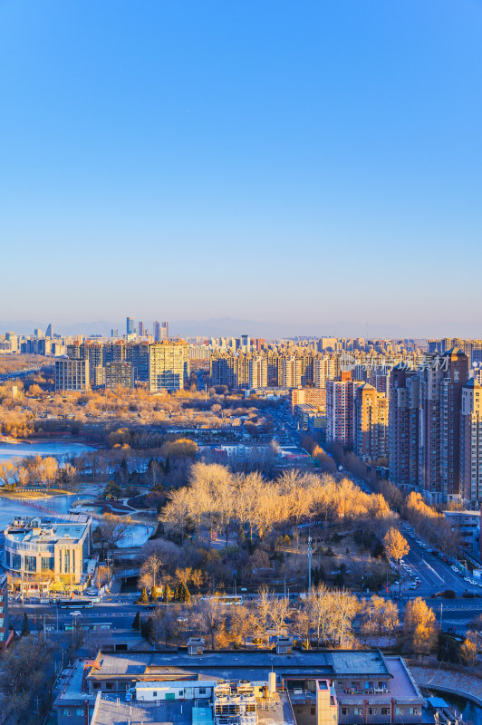 北京城市天际线冬季日落夕阳全景图