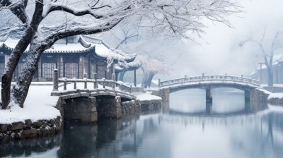 江南雪景，冬季里的江南小镇水墨画