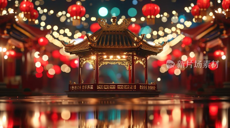 中国风亭台楼阁，喜庆中国年背景素材